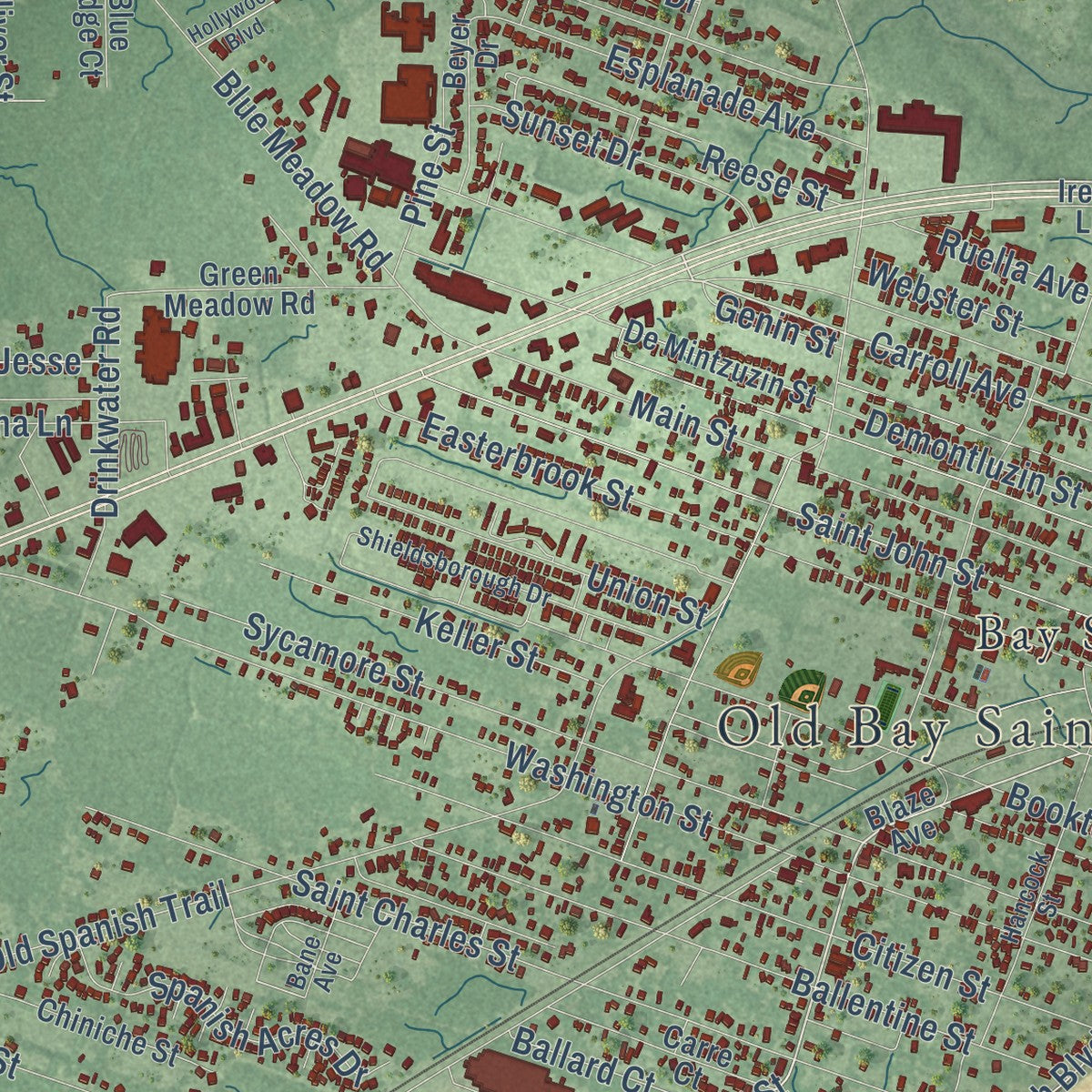 Close-up of the map of Bay St. Louis, Mississippi print showing street and building detail