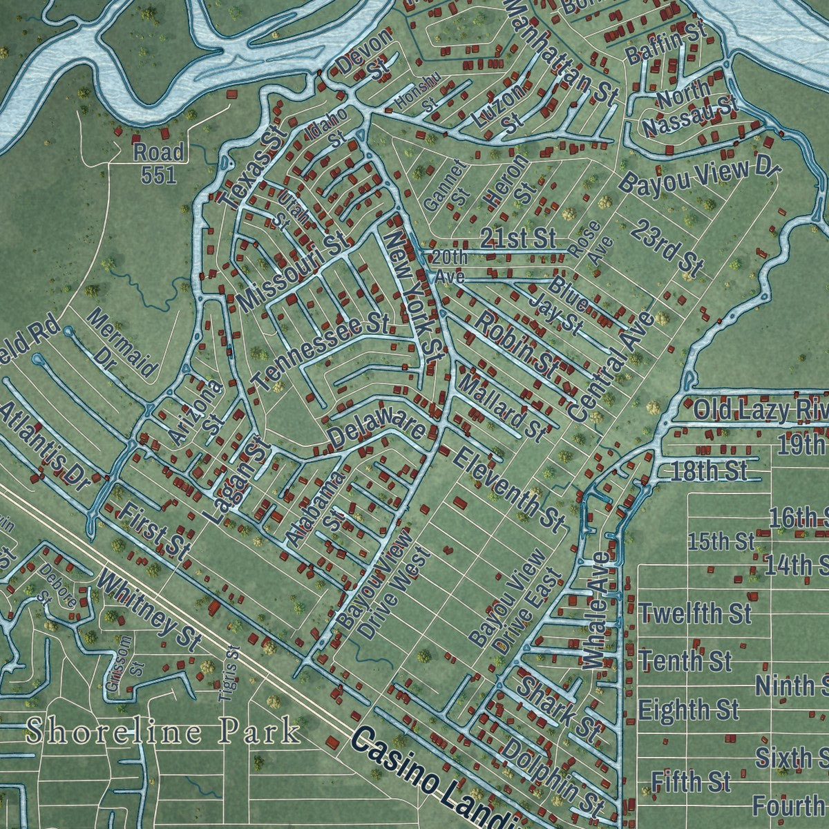 Second close-up of the map of Bay St. Louis, Mississippi print showing more streets and buildings