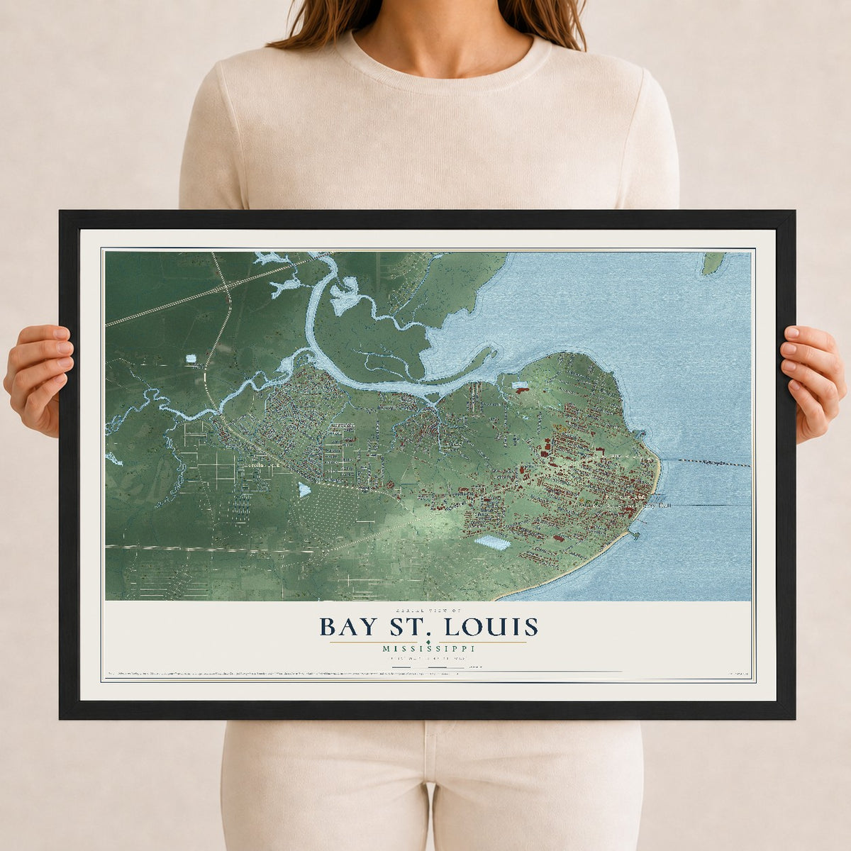 Map of Bay St. Louis, Mississippi, 12 x 18 inch print in a black wood frame