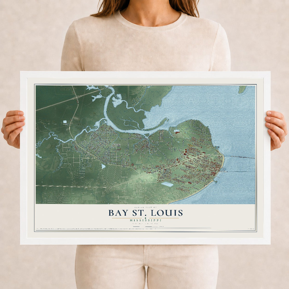 Map of Bay St. Louis, Mississippi, 12 x 18 inch print in a white wood frame