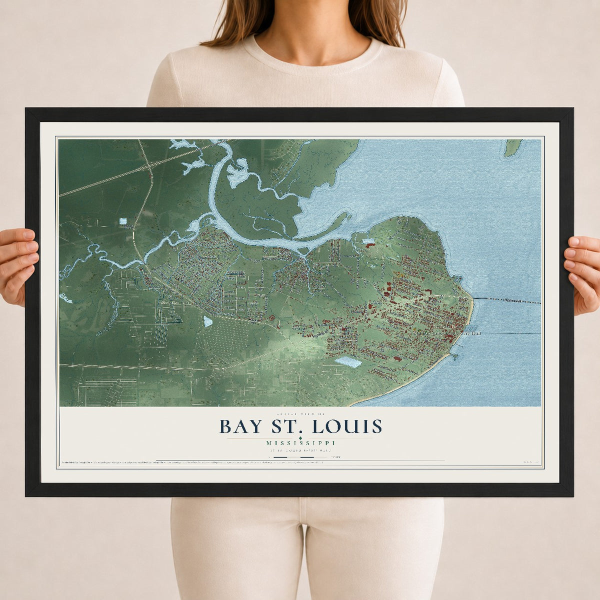 Map of Bay St. Louis, Mississippi, 18 x 24 inch print in a black wood frame