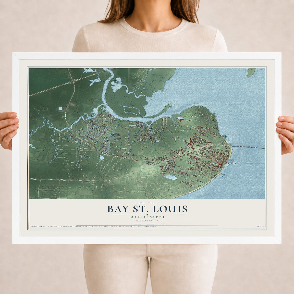 Map of Bay St. Louis, Mississippi, 18 x 24 inch print in a white wood frame