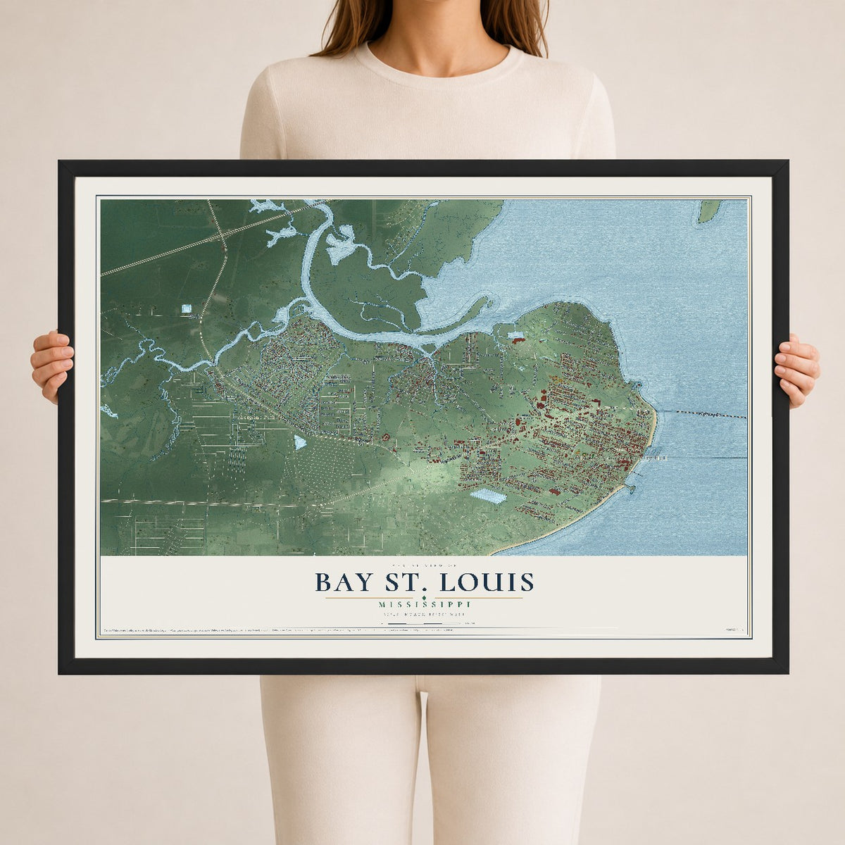 Map of Bay St. Louis, Mississippi, 24 x 36 inch print in a black wood frame