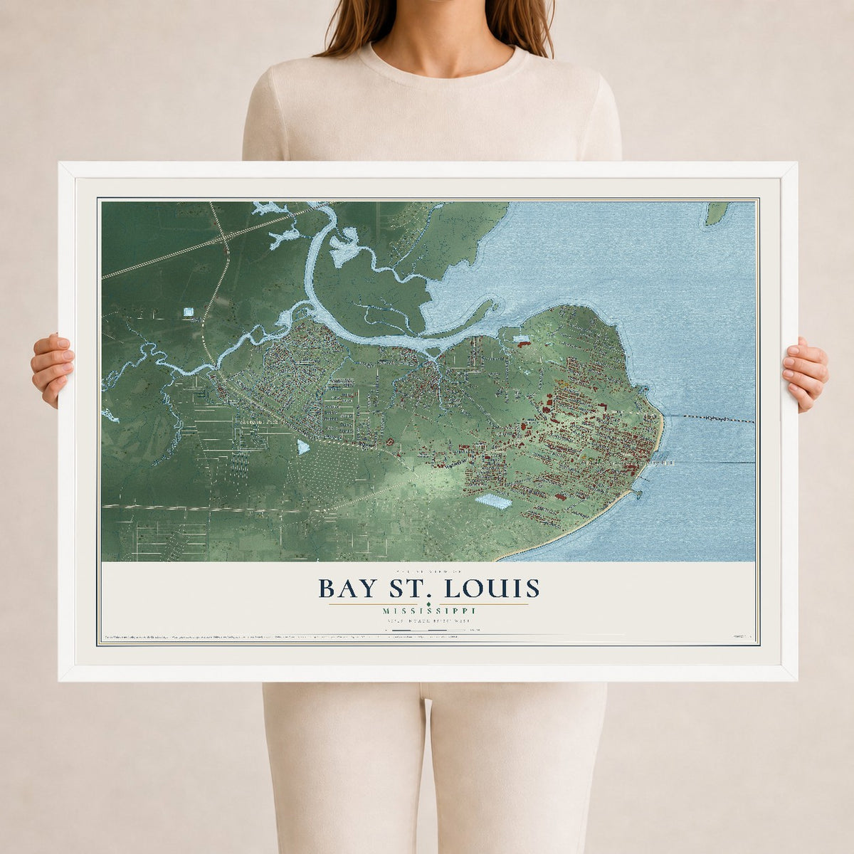 Map of Bay St. Louis, Mississippi, 24 x 36 inch print in a white wood frame