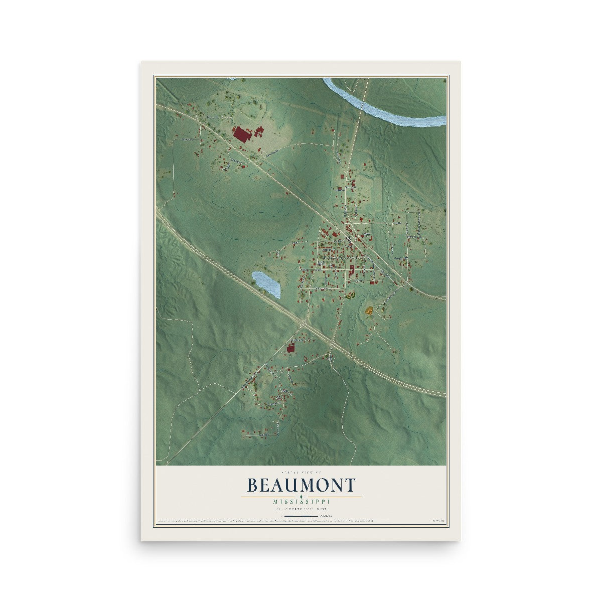 Map of Beaumont, Mississippi, 12 x 18 inch unframed archival matte print