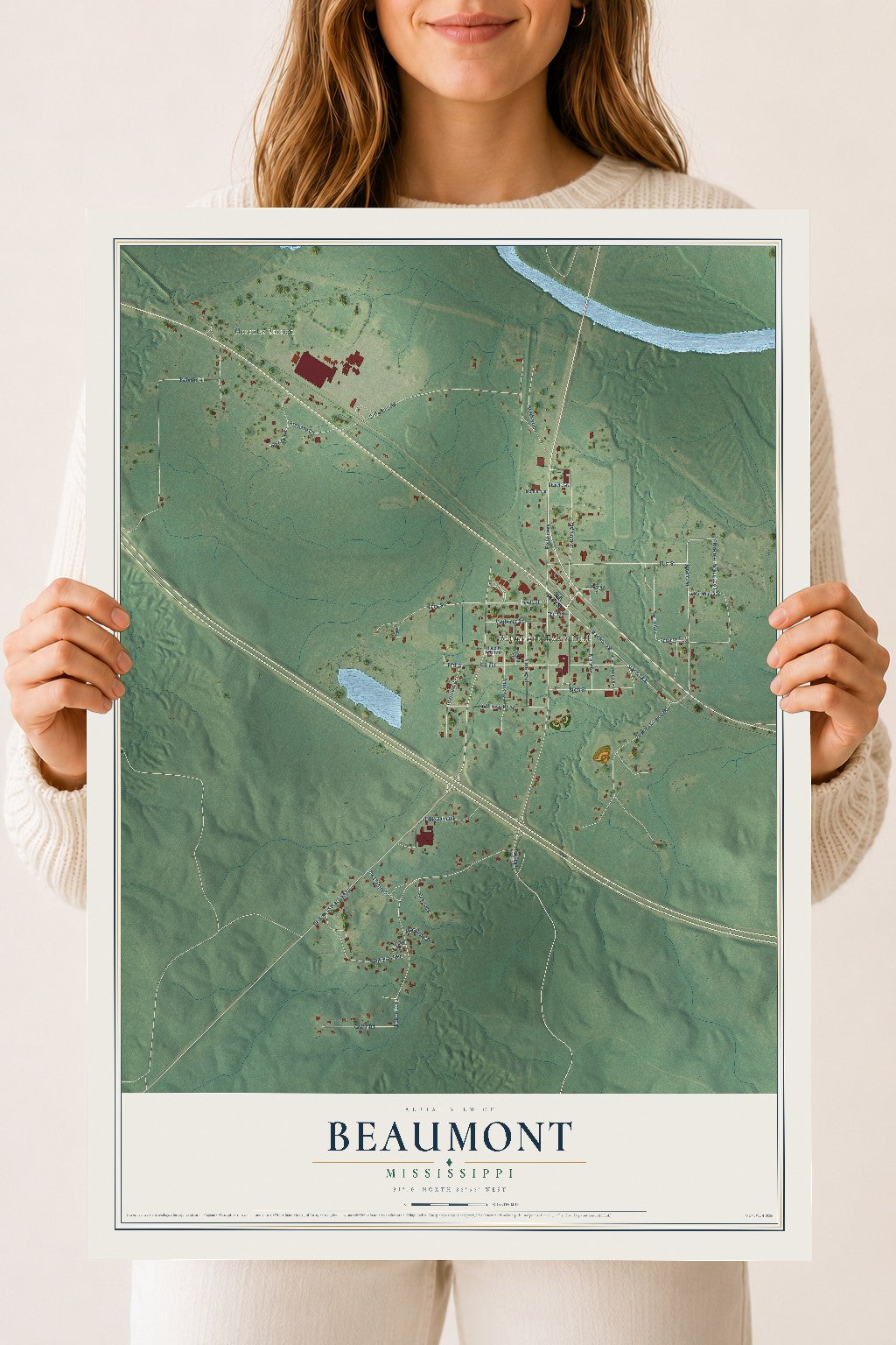 Map of Beaumont, Mississippi, 18 x 24 inch unframed archival matte print