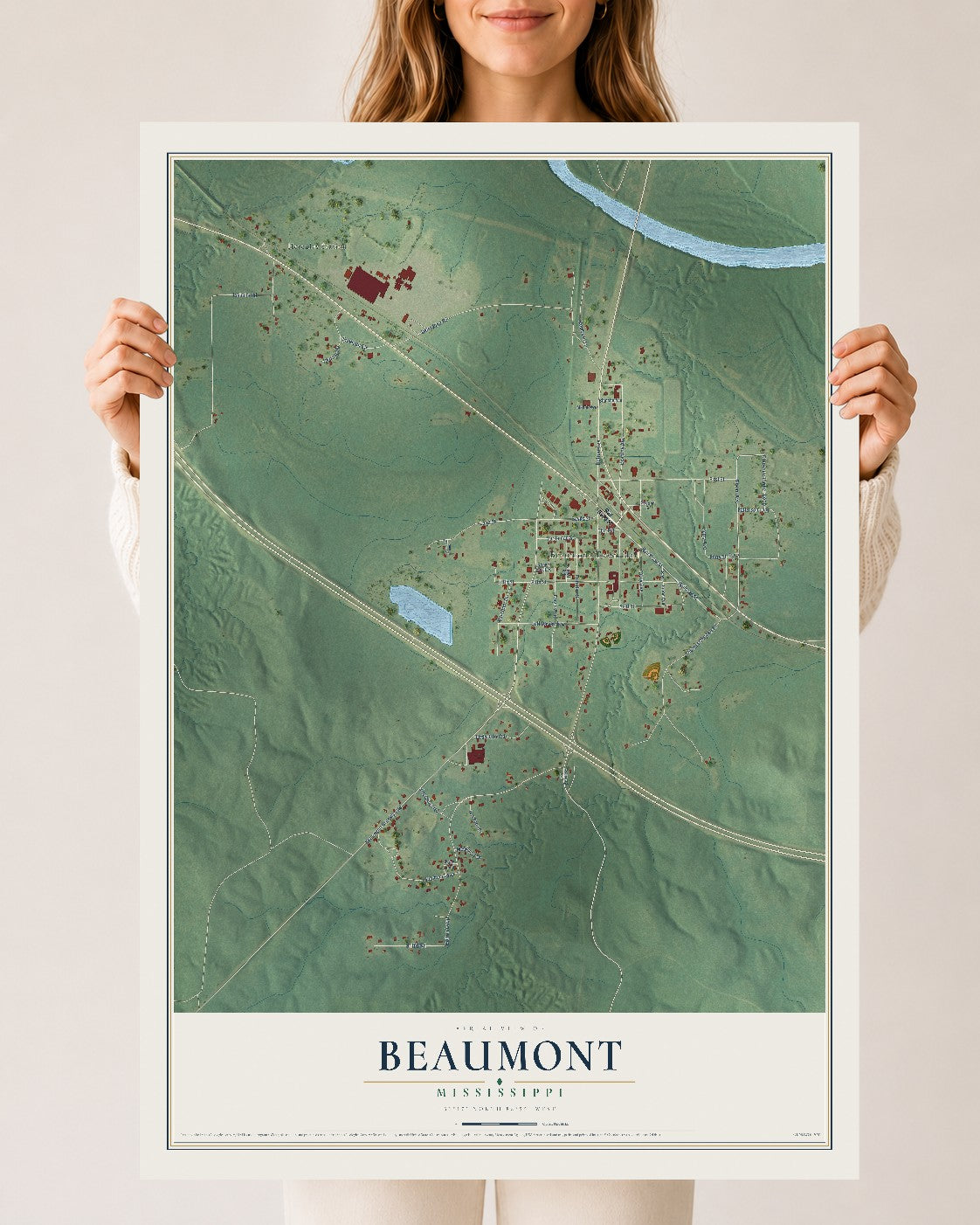 Map of Beaumont, Mississippi, 24 x 36 inch unframed archival matte print