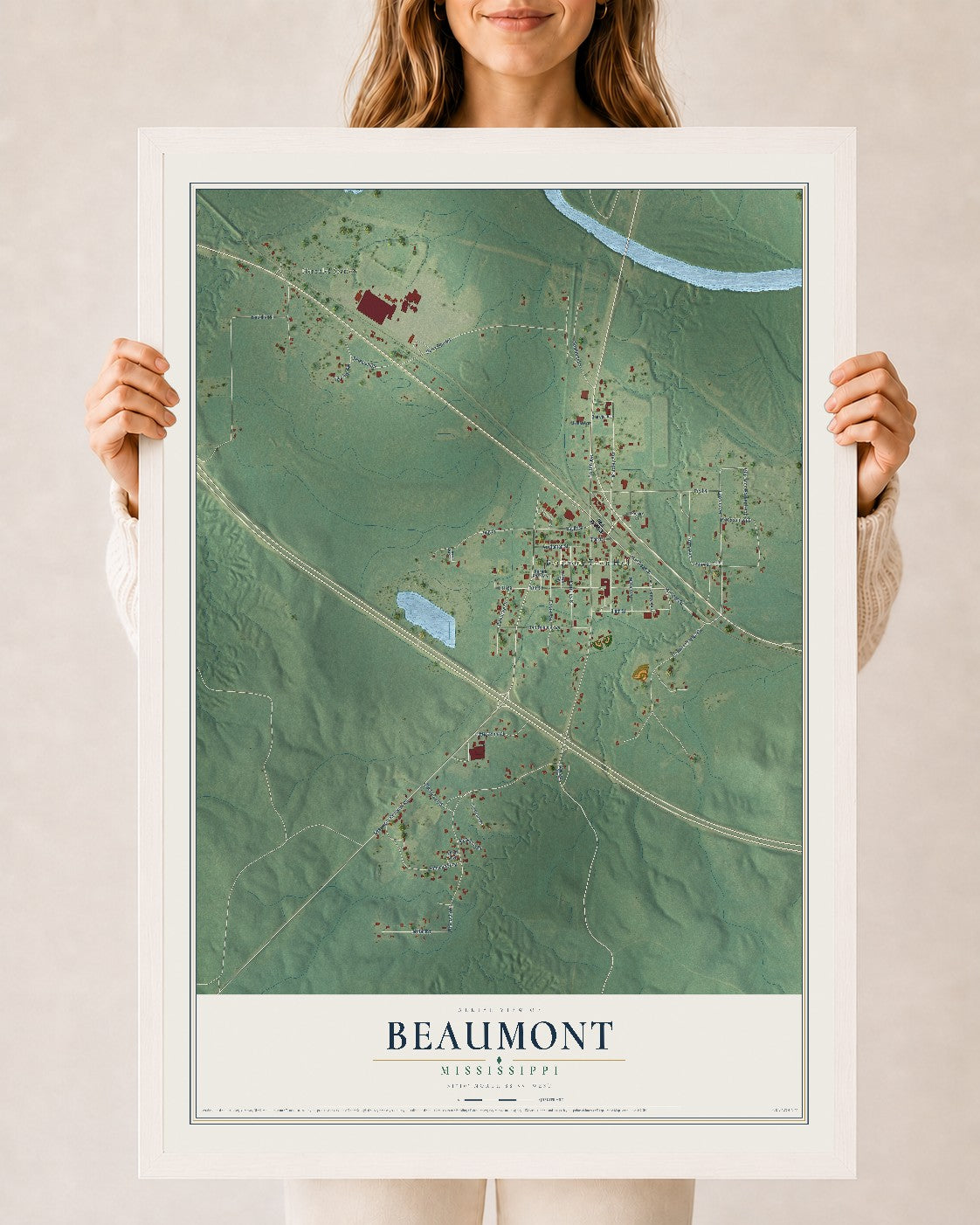 Map of Beaumont, Mississippi, 24 x 36 inch print in a white wood frame
