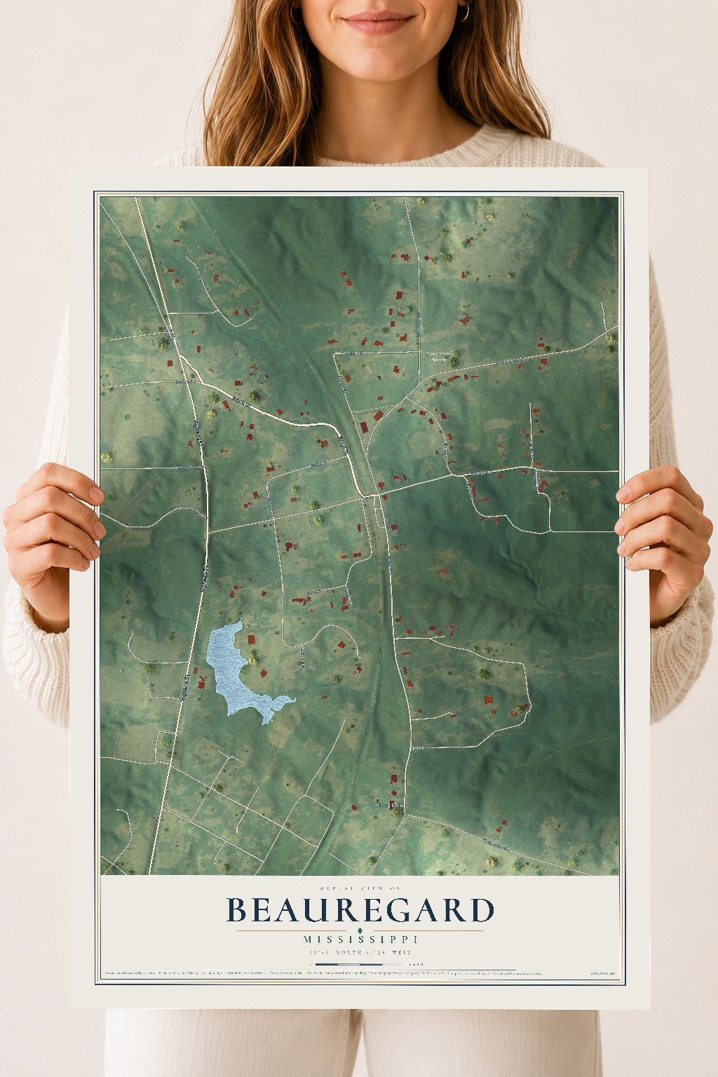 Map of Beauregard, Mississippi, 18 x 24 inch unframed archival matte print