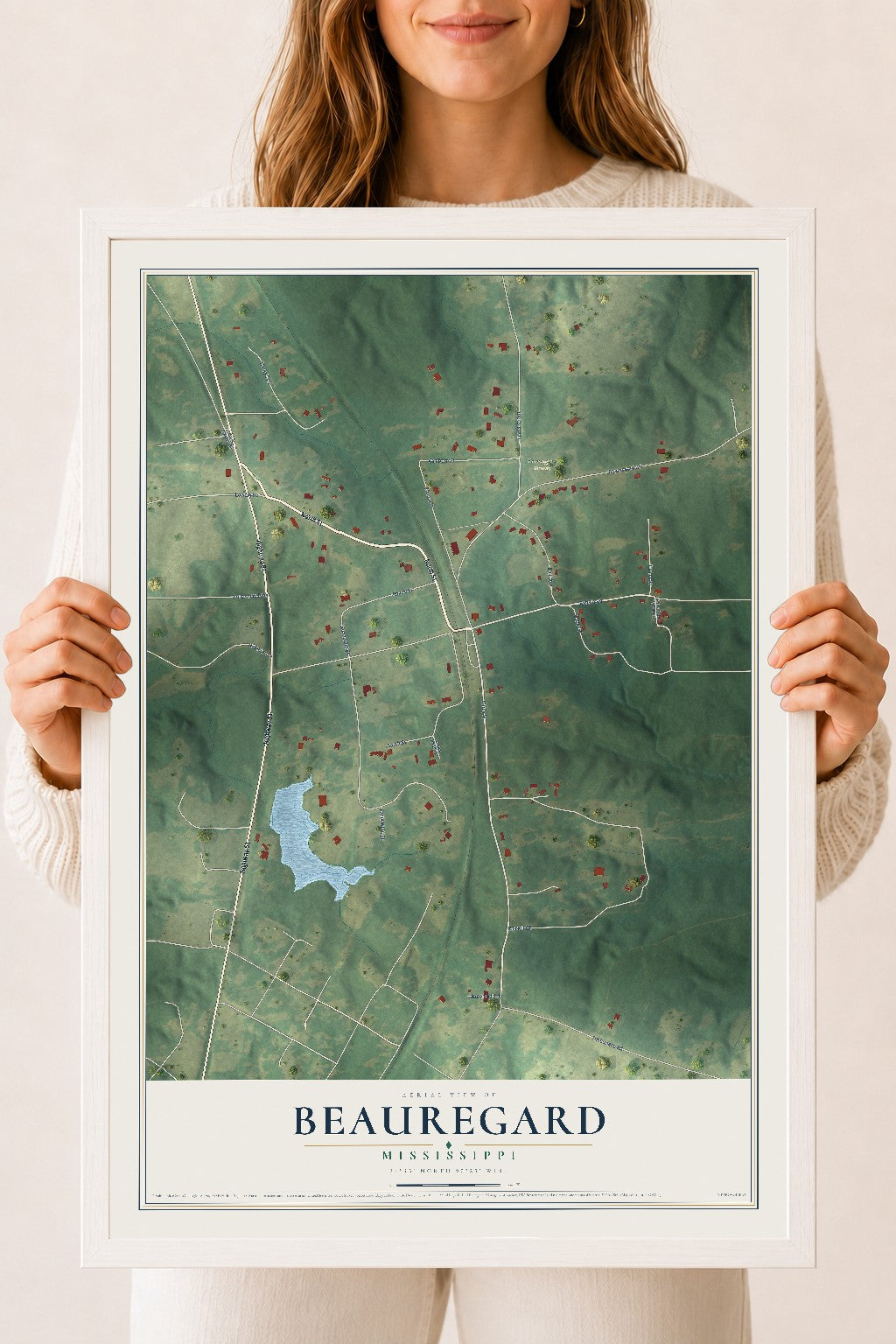 Map of Beauregard, Mississippi, 18 x 24 inch print in a white wood frame