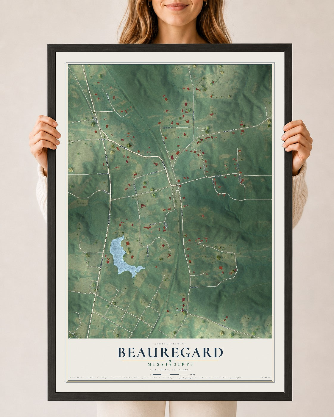 Map of Beauregard, Mississippi, 24 x 36 inch print in a black wood frame