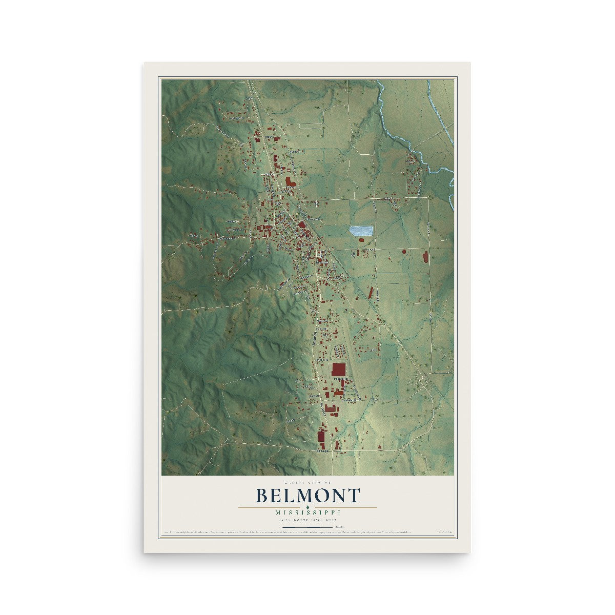 Map of Belmont, Mississippi, 12 x 18 inch unframed archival matte print