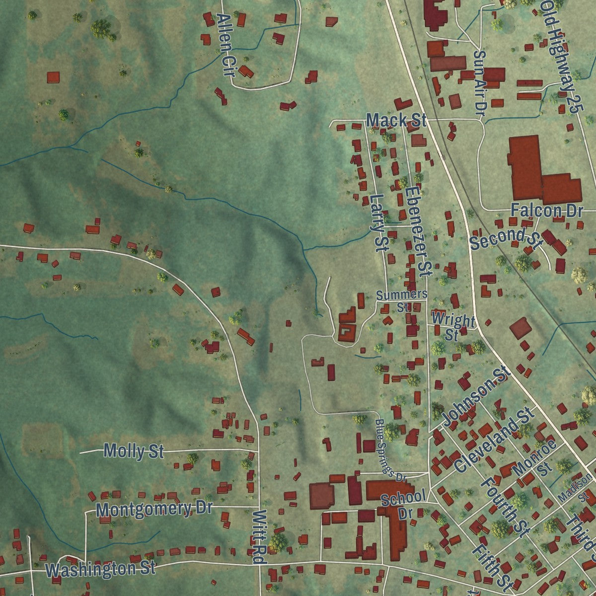 Second close-up of the map of Belmont, Mississippi print showing more streets and buildings