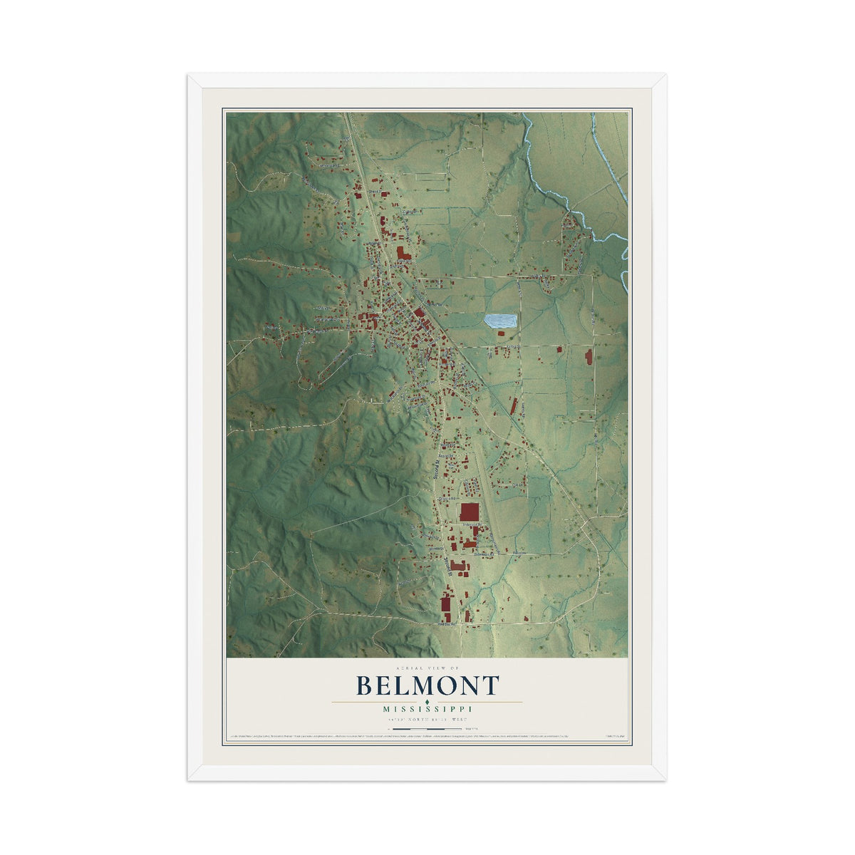 Map of Belmont, Mississippi, 12 x 18 inch print in a white wood frame