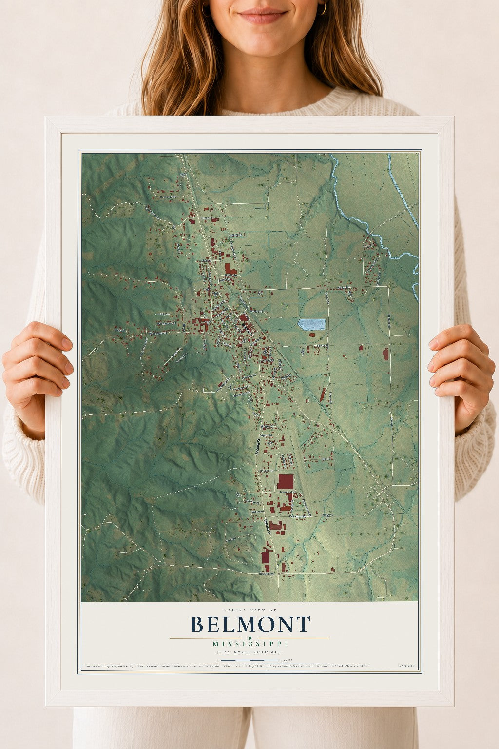 Map of Belmont, Mississippi, 18 x 24 inch print in a white wood frame