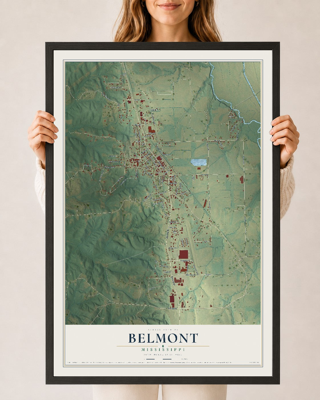 Map of Belmont, Mississippi, 24 x 36 inch print in a black wood frame