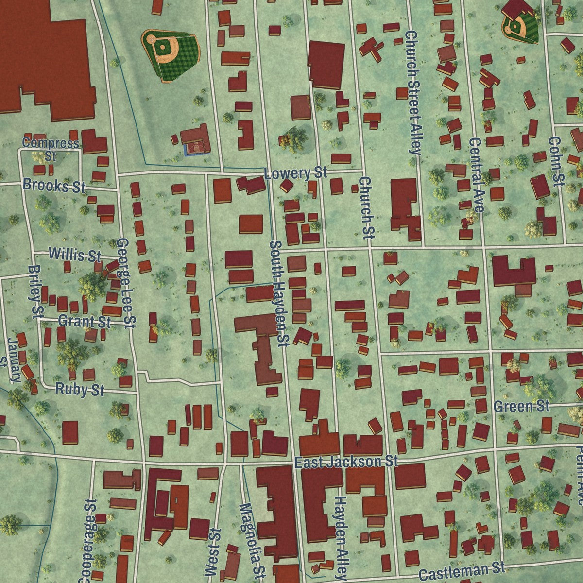 Close-up of the map of Belzoni, Mississippi print showing street and building detail