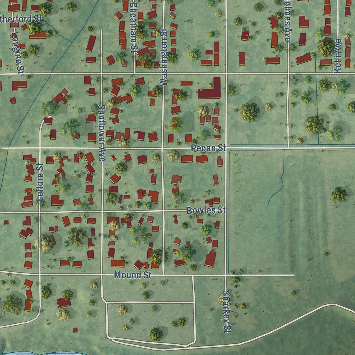 Second close-up of the map of Belzoni, Mississippi print showing more streets and buildings