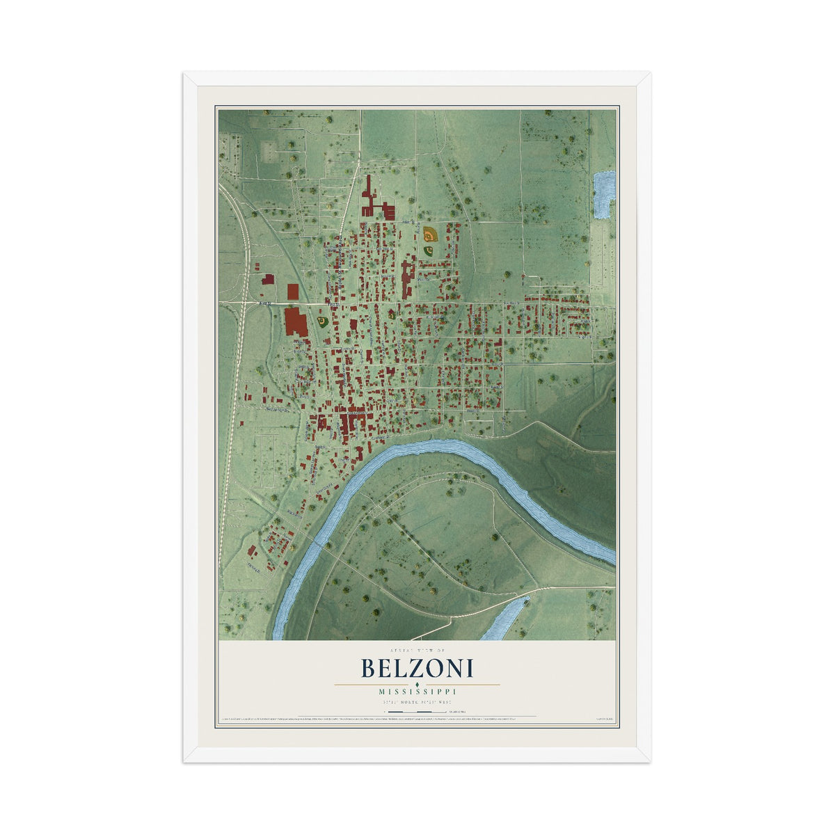 Map of Belzoni, Mississippi, 12 x 18 inch print in a white wood frame