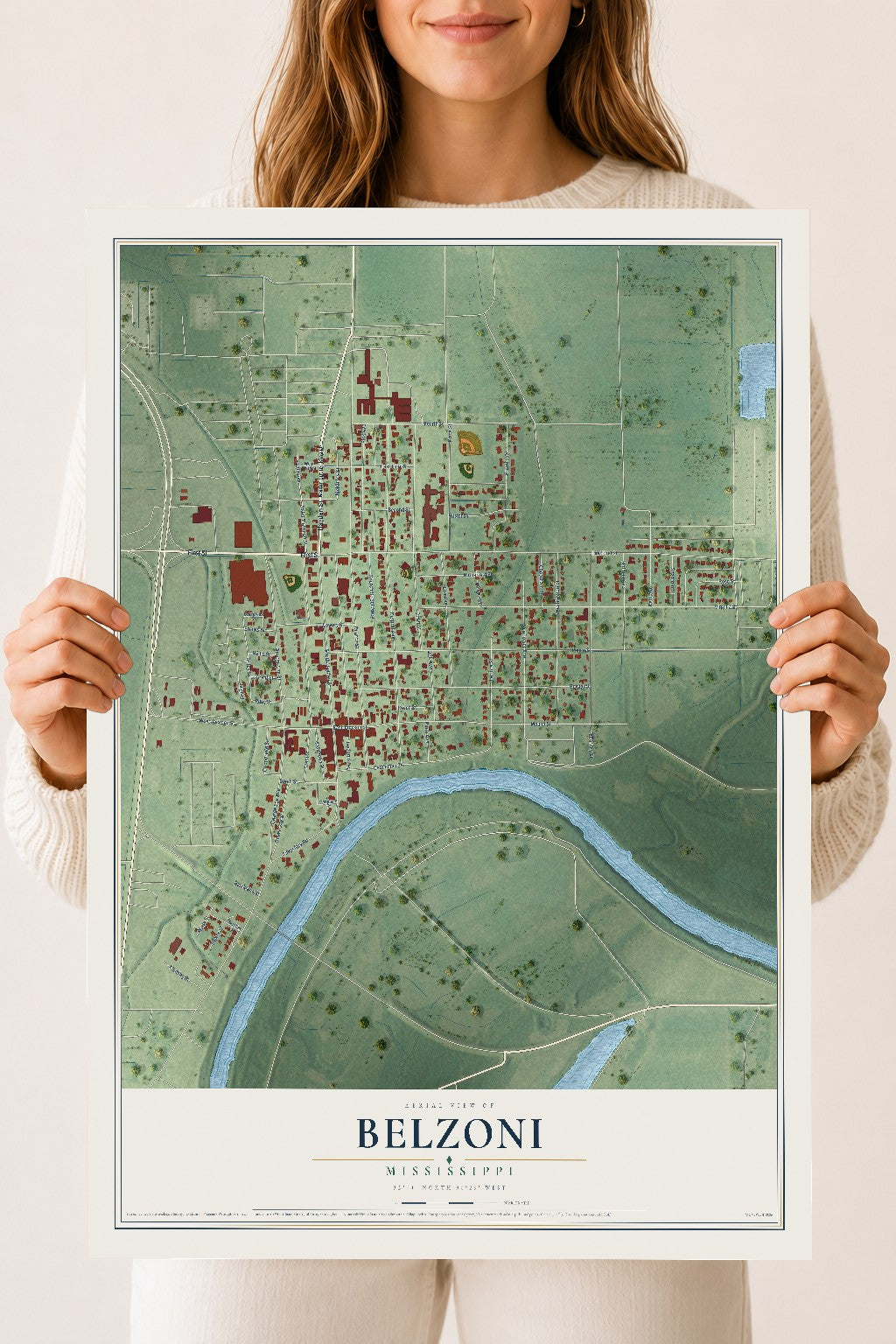 Map of Belzoni, Mississippi, 18 x 24 inch unframed archival matte print