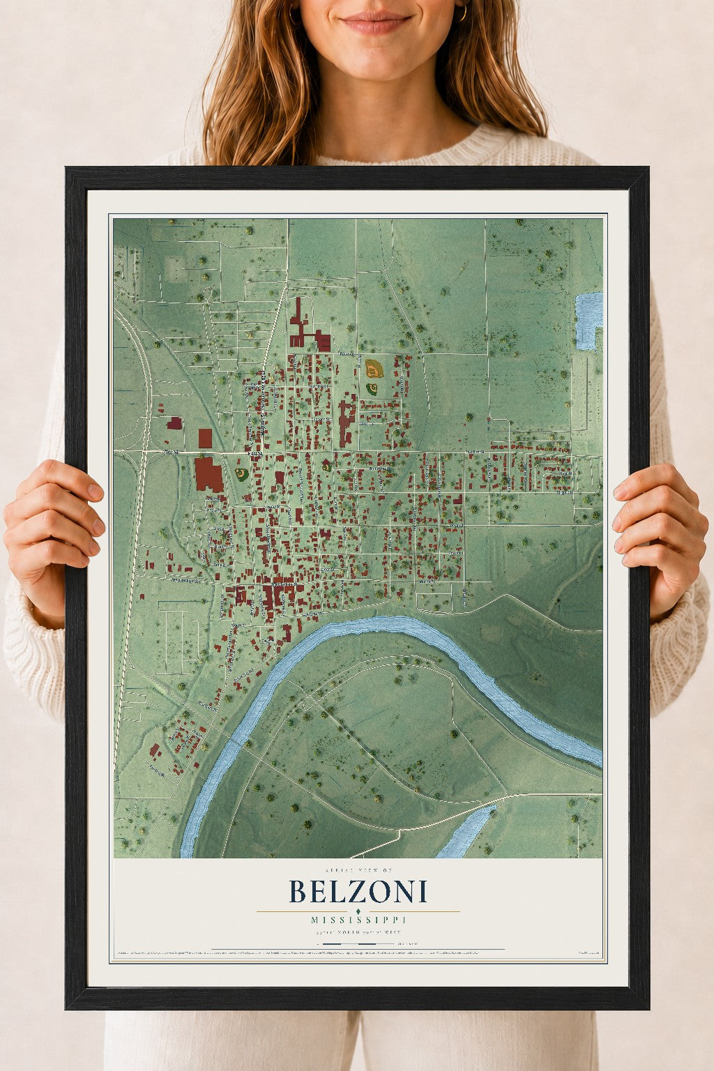 Map of Belzoni, Mississippi, 18 x 24 inch print in a black wood frame