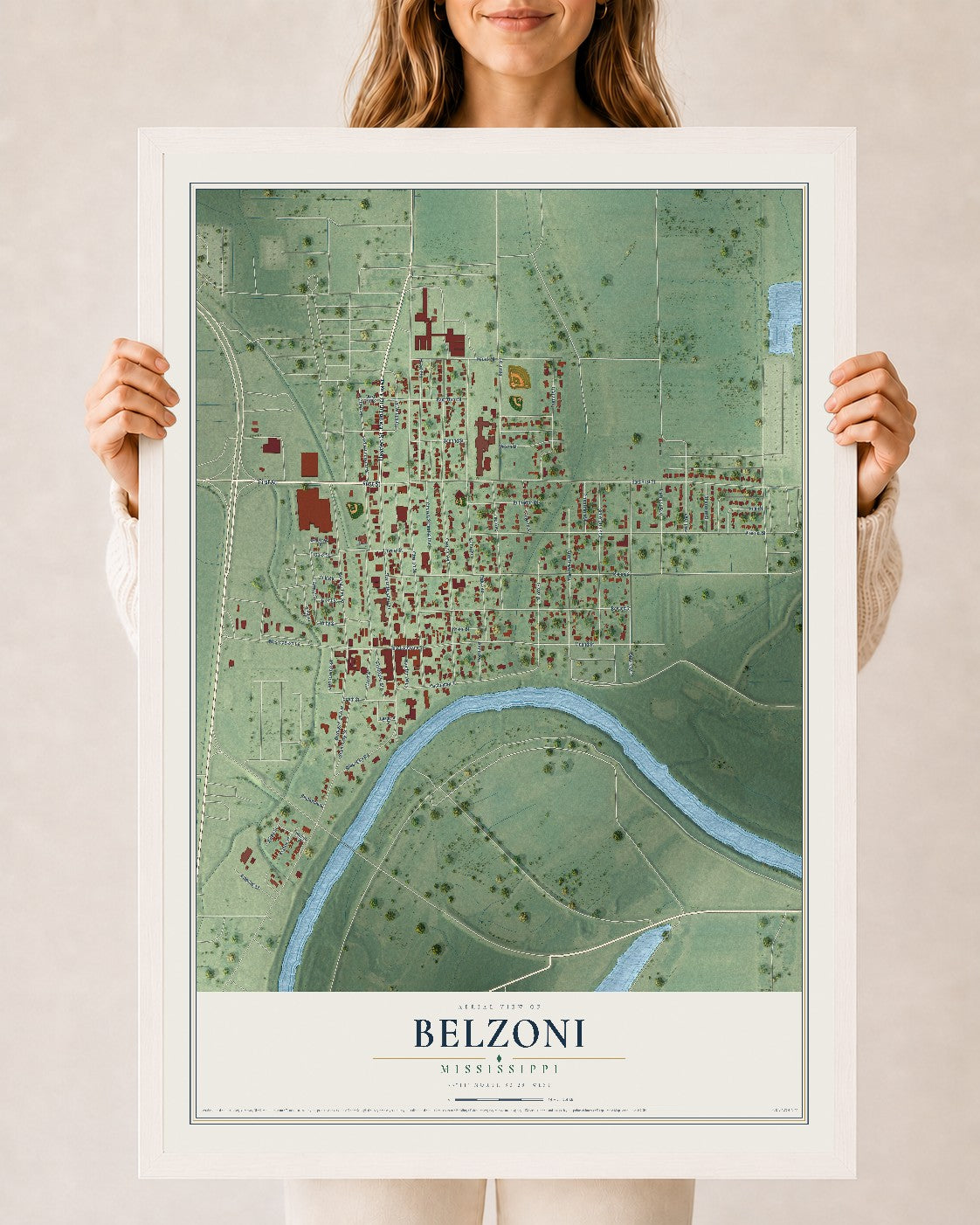 Map of Belzoni, Mississippi, 24 x 36 inch print in a white wood frame