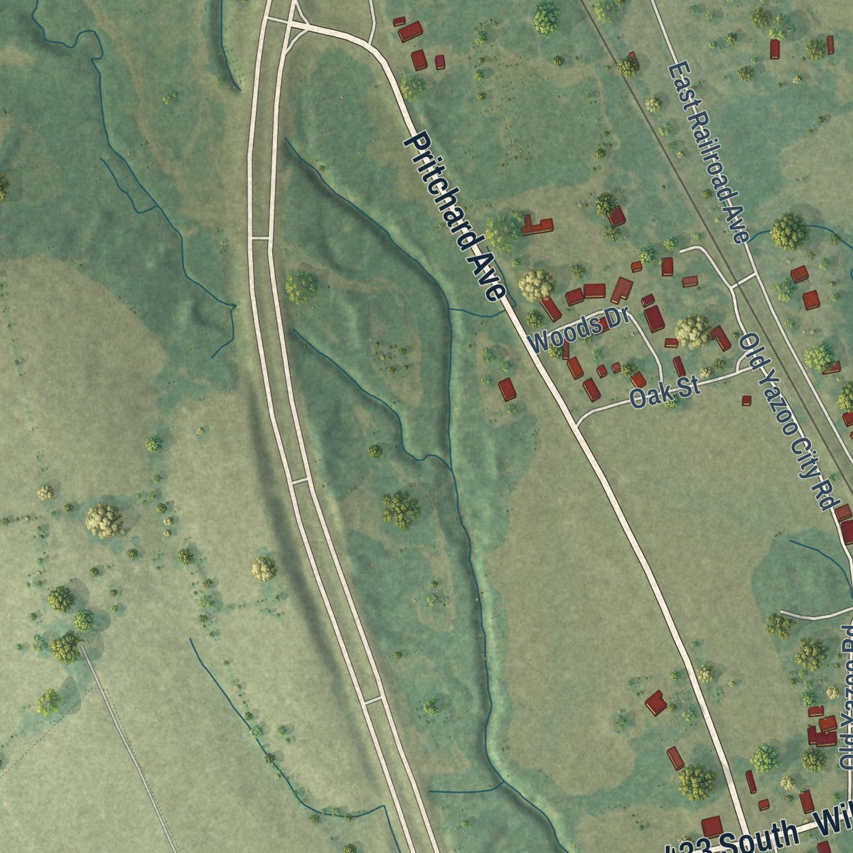 Second close-up of the map of Bentonia, Mississippi print showing more streets and buildings