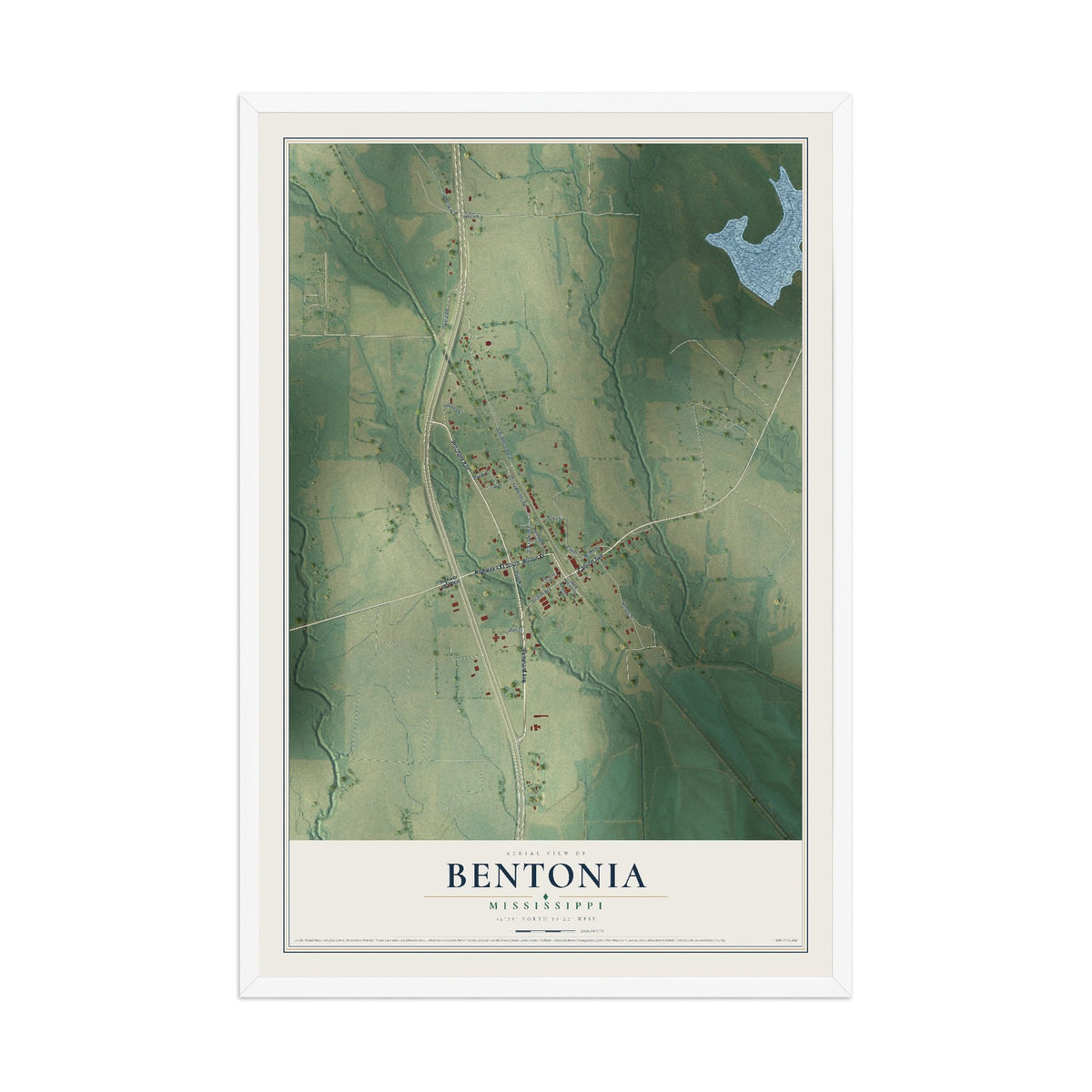 Map of Bentonia, Mississippi, 12 x 18 inch print in a white wood frame