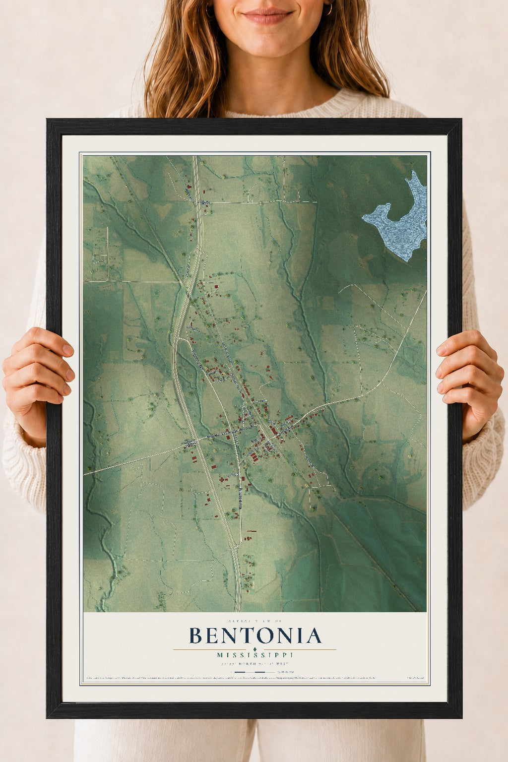 Map of Bentonia, Mississippi, 18 x 24 inch print in a black wood frame