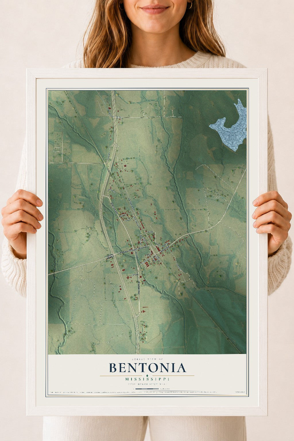 Map of Bentonia, Mississippi, 18 x 24 inch print in a white wood frame