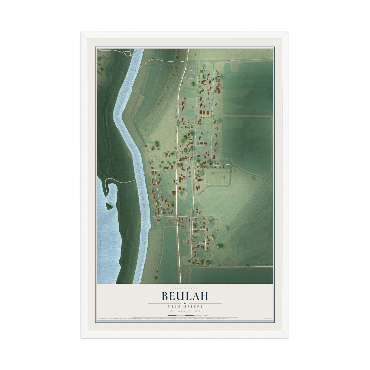 Map of Beulah, Mississippi, 12 x 18 inch print in a white wood frame