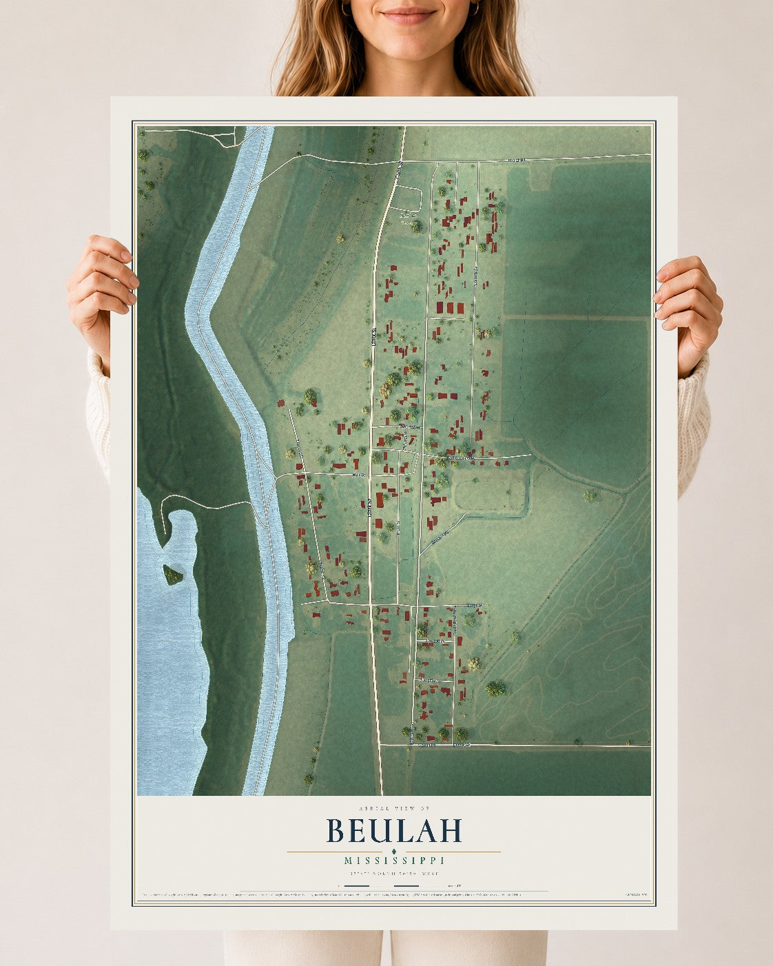 Map of Beulah, Mississippi, 24 x 36 inch unframed archival matte print