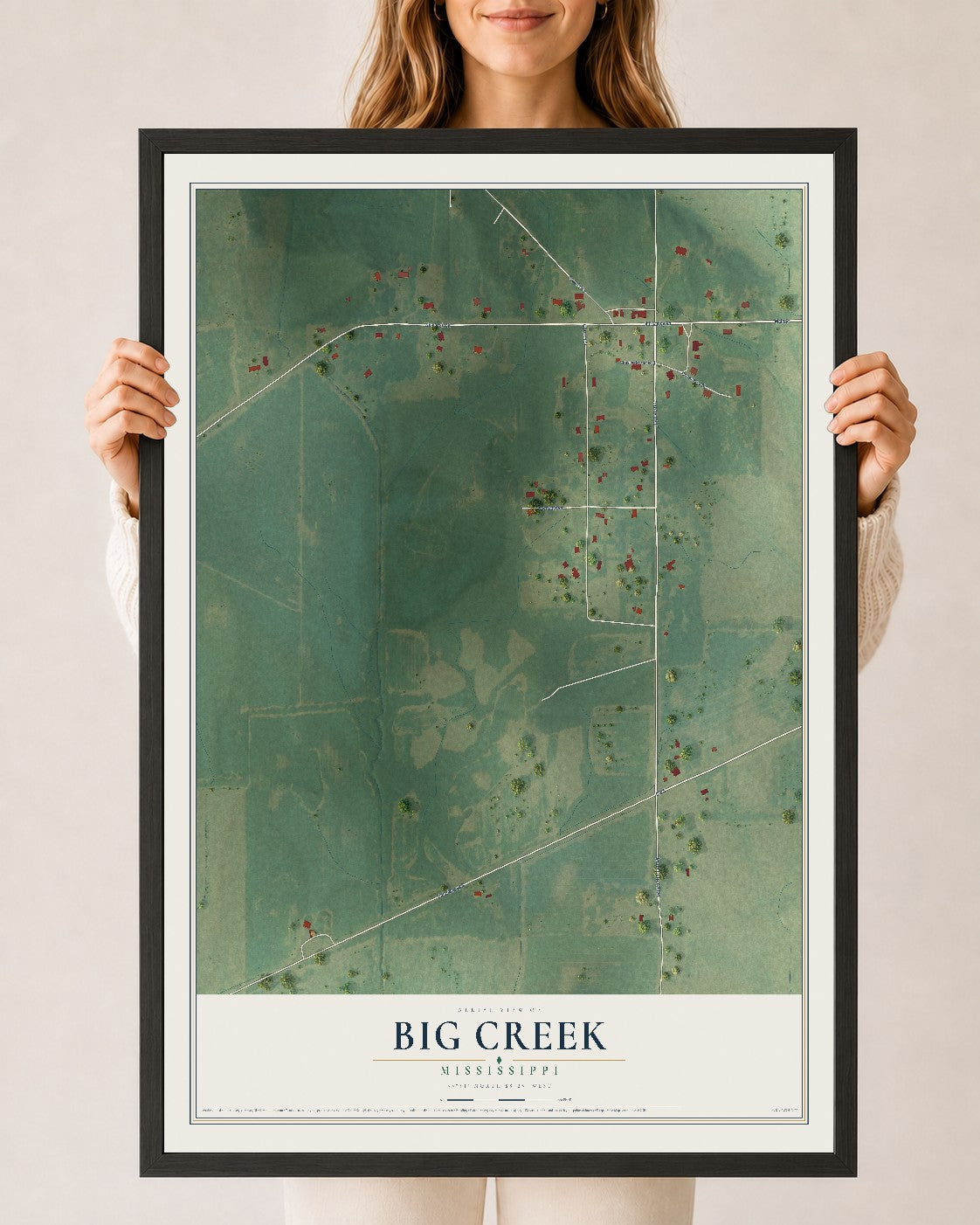 Map of Big Creek, Mississippi, 24 x 36 inch print in a black wood frame