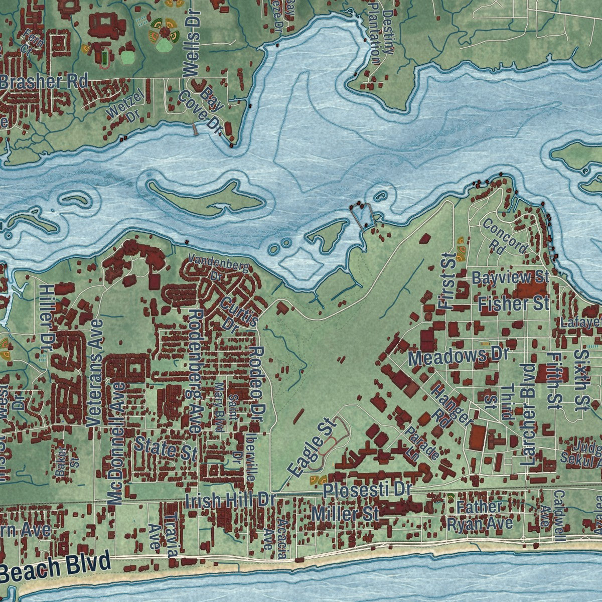 Close-up of the map of Biloxi, Mississippi print showing street and building detail