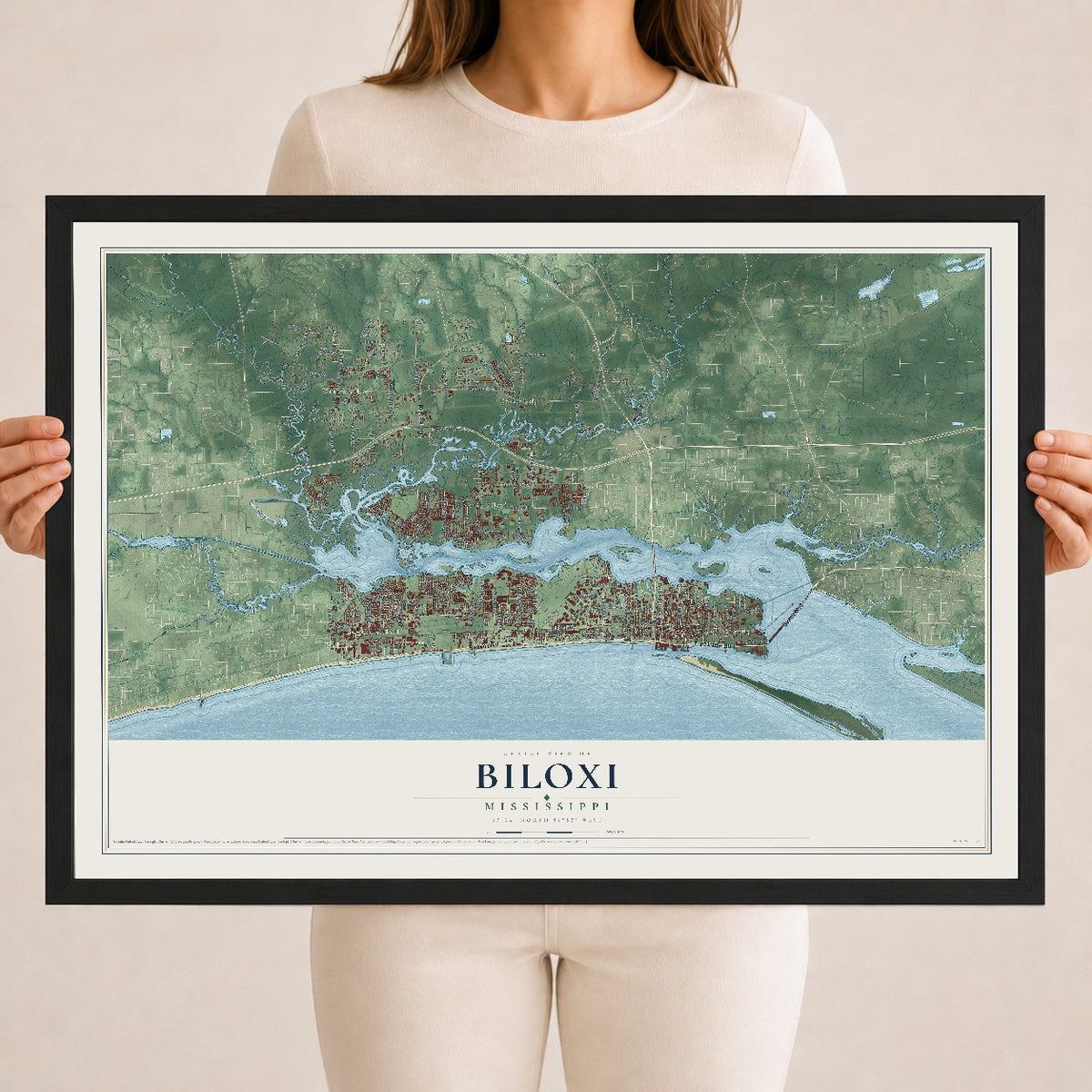 Map of Biloxi, Mississippi, 18 x 24 inch print in a black wood frame
