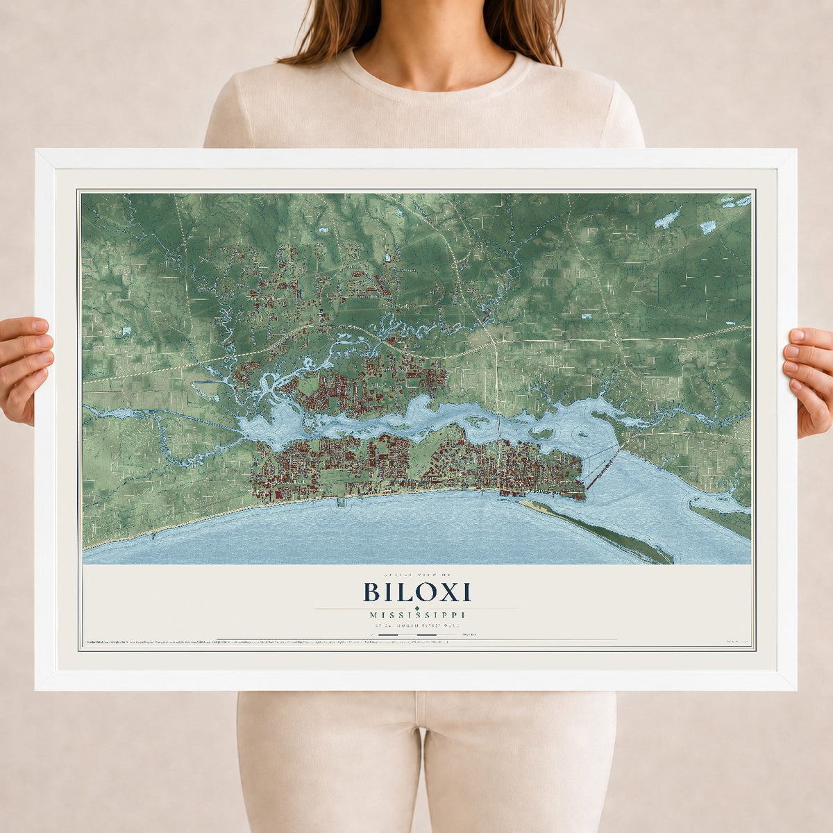 Map of Biloxi, Mississippi, 18 x 24 inch print in a white wood frame