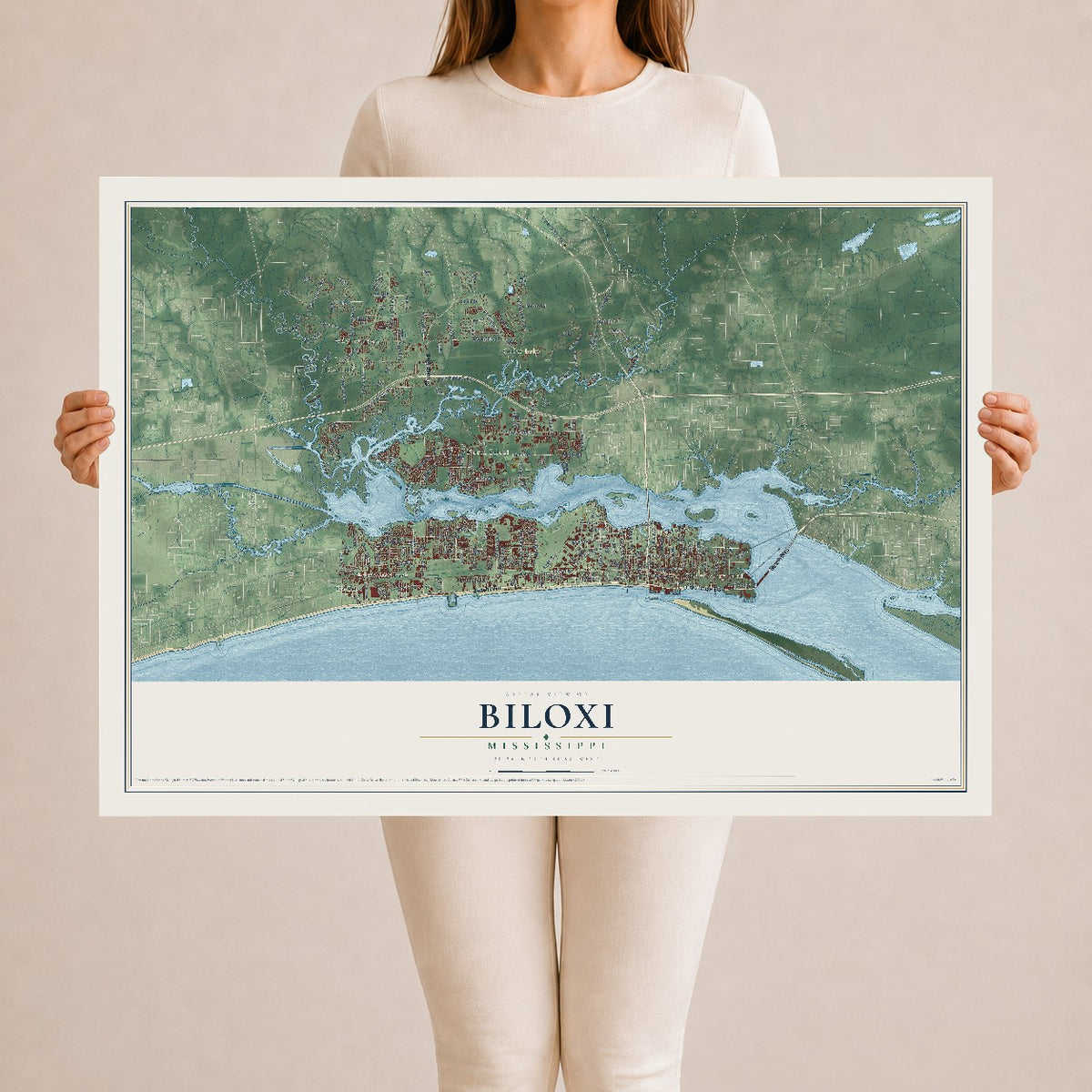 Map of Biloxi, Mississippi, 24 x 36 inch unframed archival matte print