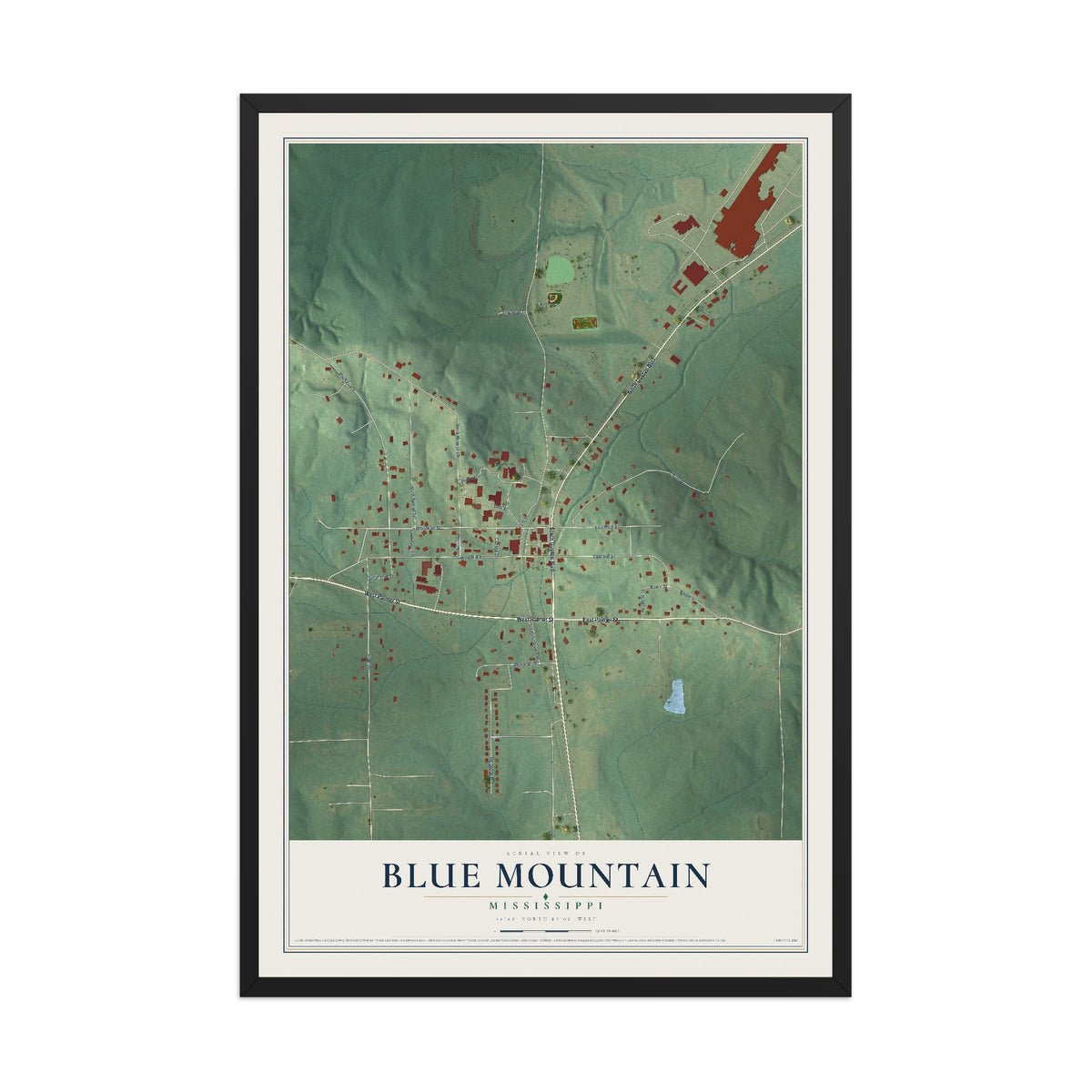 Map of Blue Mountain, Mississippi, 12 x 18 inch print in a black wood frame