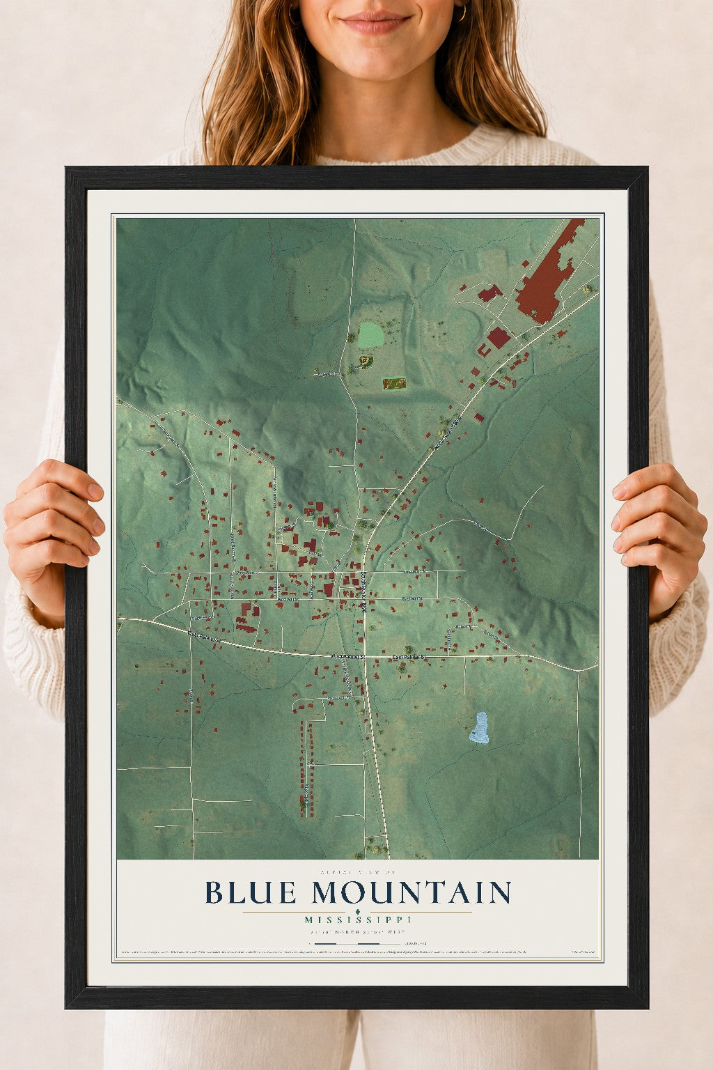 Map of Blue Mountain, Mississippi, 18 x 24 inch print in a black wood frame