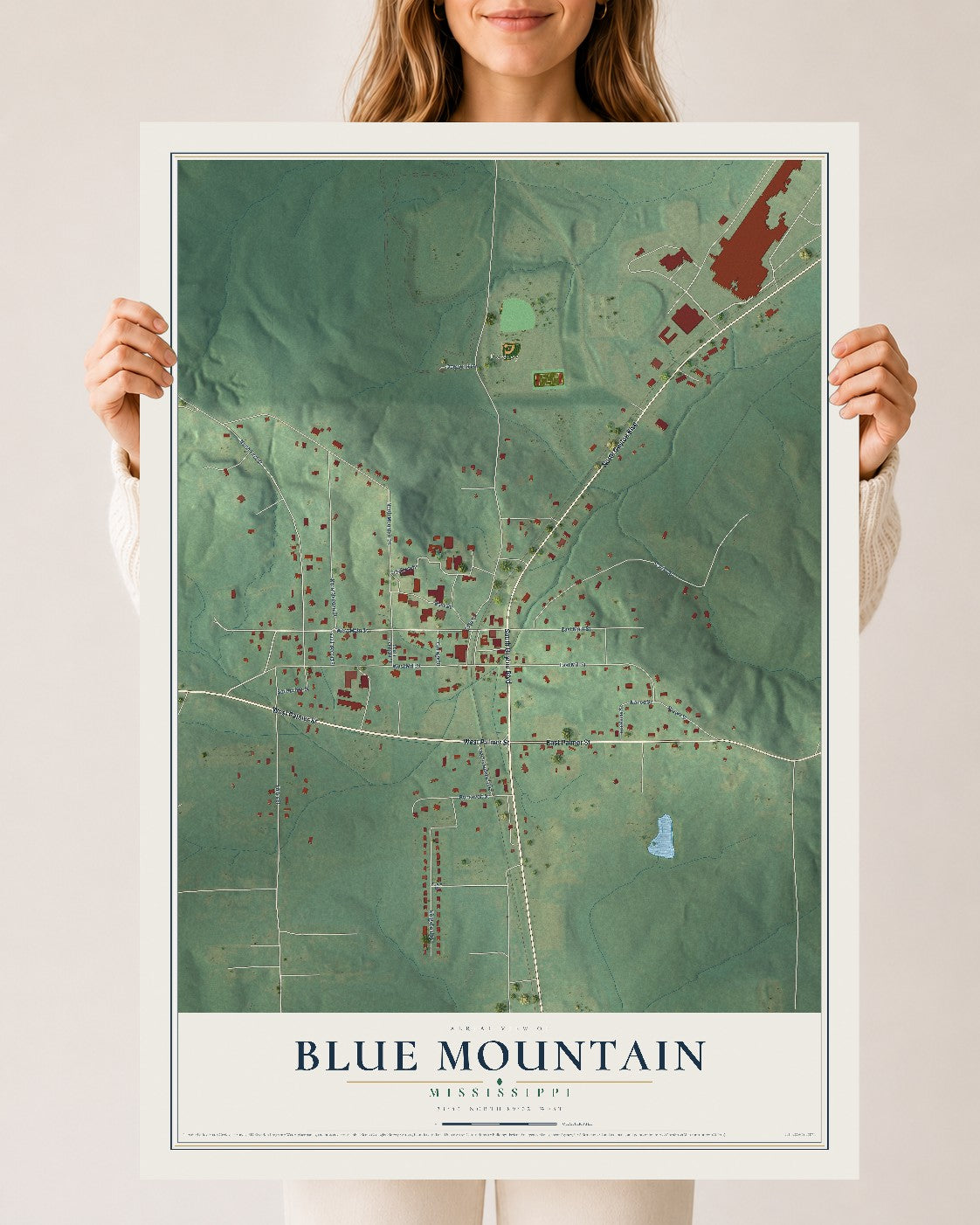 Map of Blue Mountain, Mississippi, 24 x 36 inch unframed archival matte print