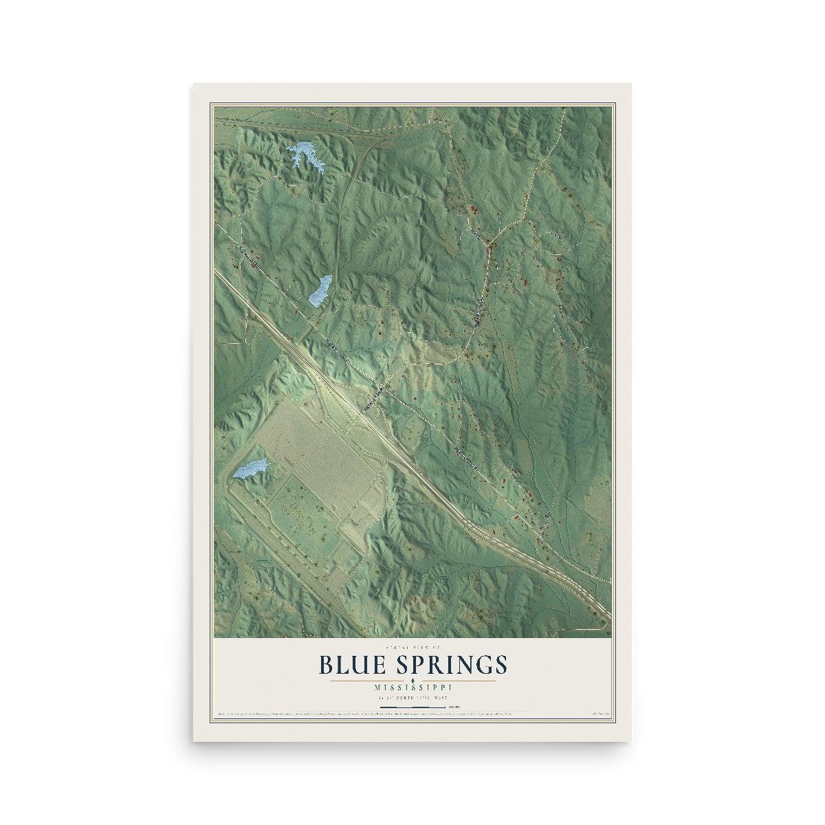 Map of Blue Springs, Mississippi, 12 x 18 inch unframed archival matte print