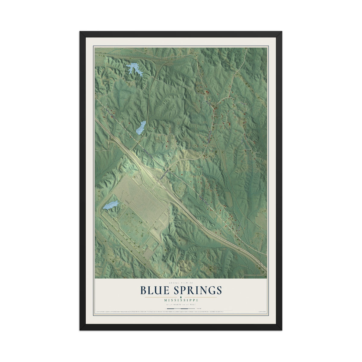 Map of Blue Springs, Mississippi, 12 x 18 inch print in a black wood frame