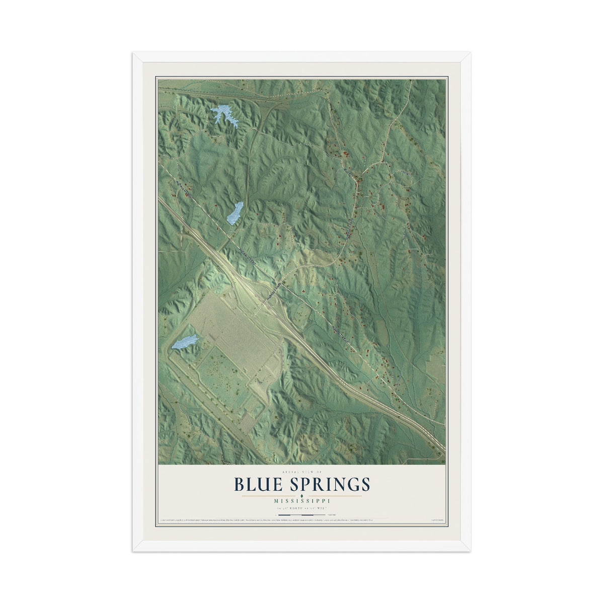 Map of Blue Springs, Mississippi, 12 x 18 inch print in a white wood frame