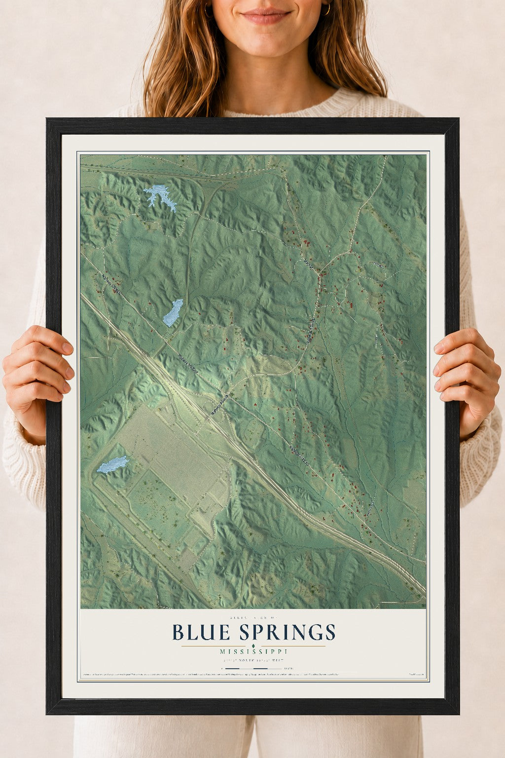 Map of Blue Springs, Mississippi, 18 x 24 inch print in a black wood frame