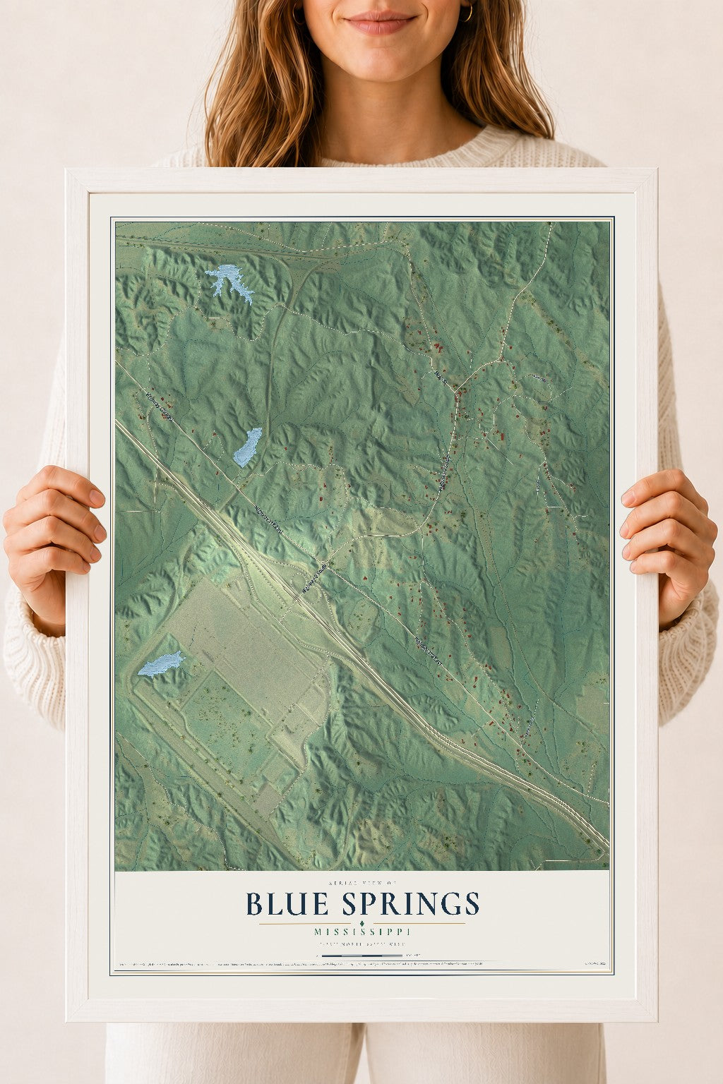 Map of Blue Springs, Mississippi, 18 x 24 inch print in a white wood frame