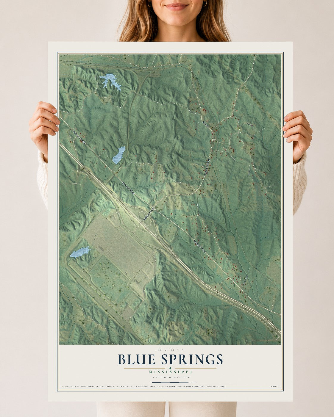 Map of Blue Springs, Mississippi, 24 x 36 inch unframed archival matte print