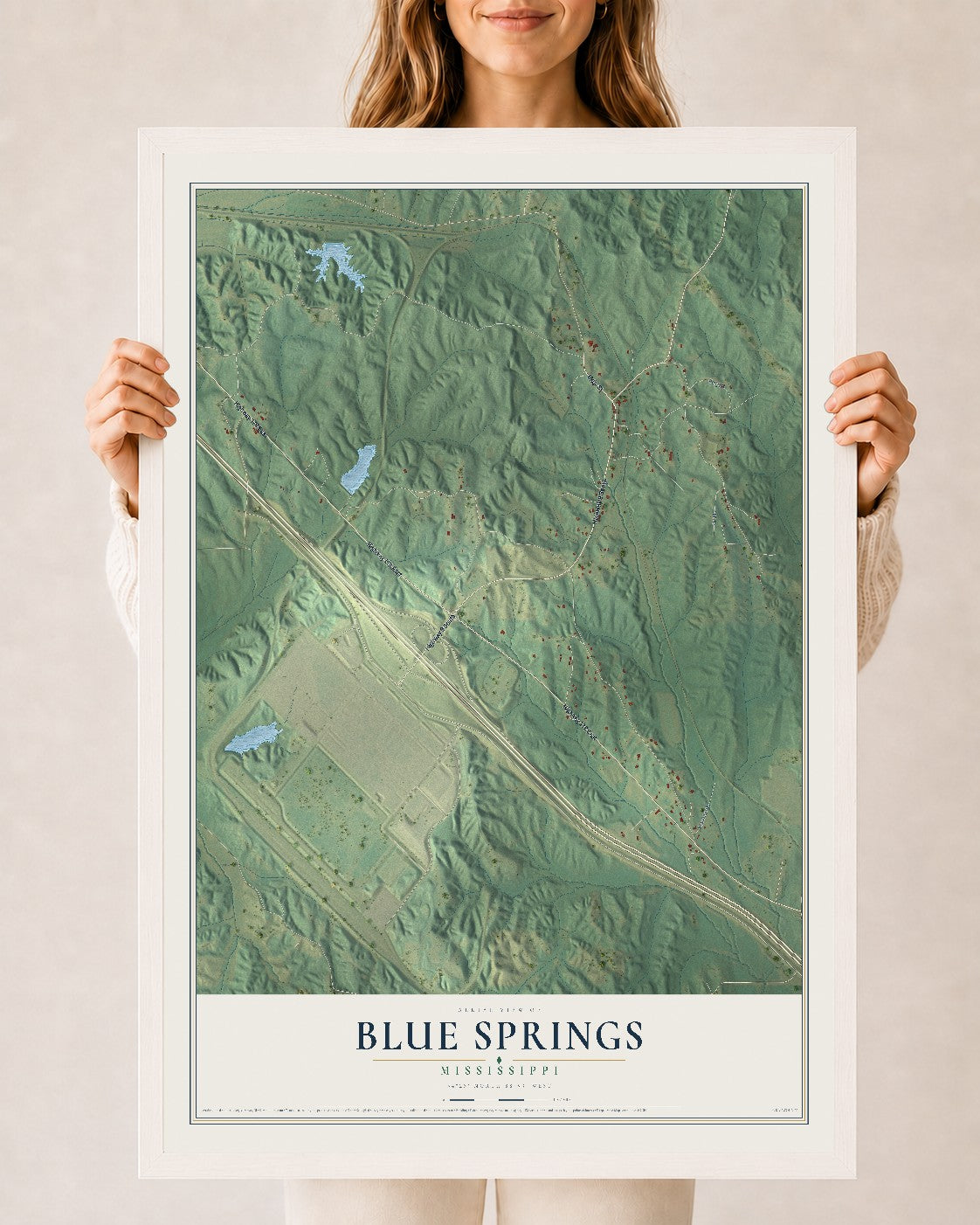 Map of Blue Springs, Mississippi, 24 x 36 inch print in a white wood frame