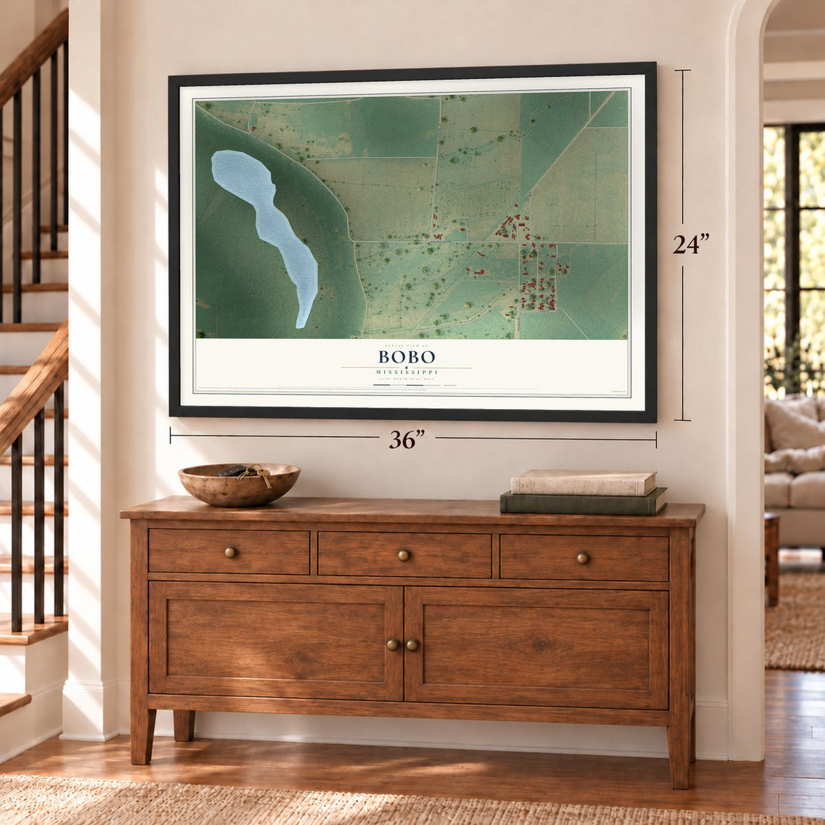 Bobo, Mississippi map, 24 x 36 inch print in a black frame above a dresser by a staircase