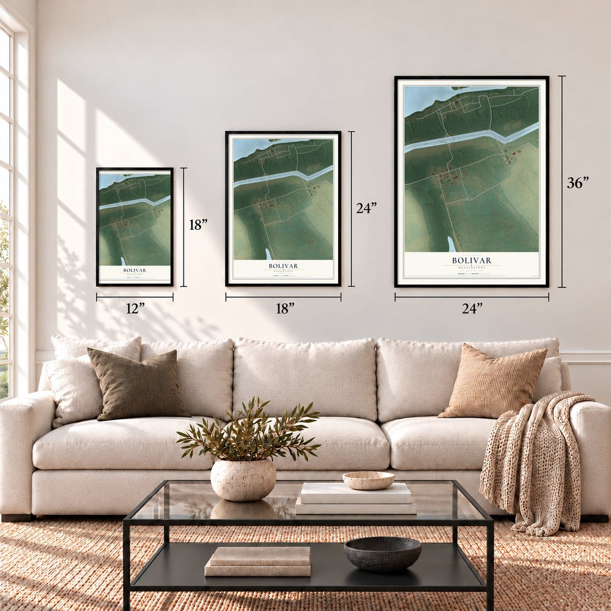 Bolivar, Mississippi map in 12 x 18, 18 x 24 and 24 x 36 inch sizes above a sofa