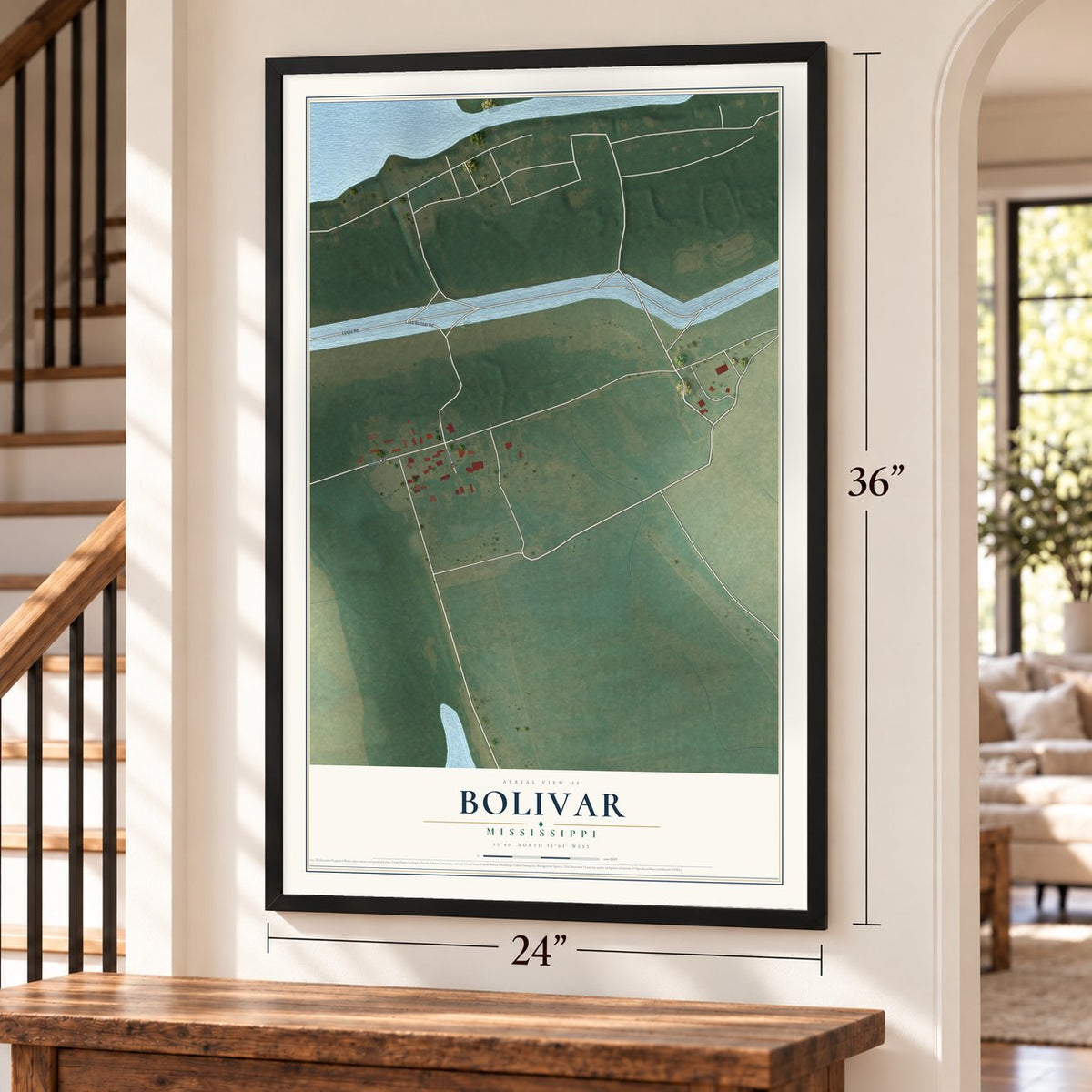 Bolivar, Mississippi map, 24 x 36 inch print in a black frame by a staircase